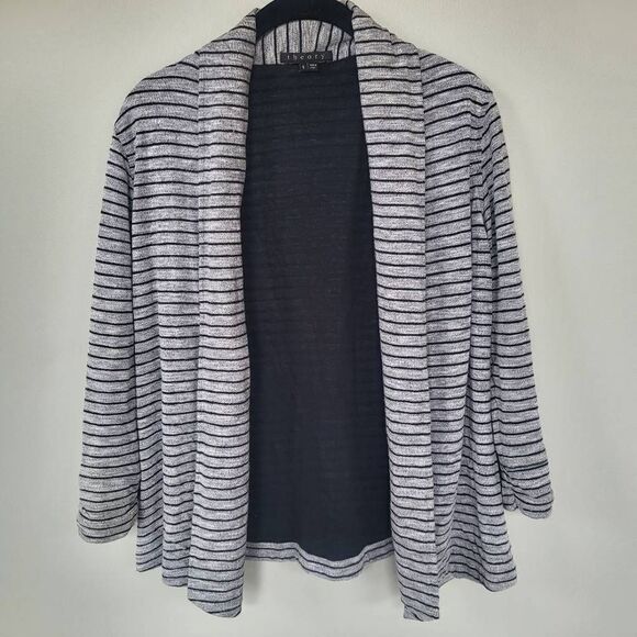 Theory Womens Small Open Front Cardigan Black Gray Stripe Ruched Long Sleeves - Picture 1 of 9
